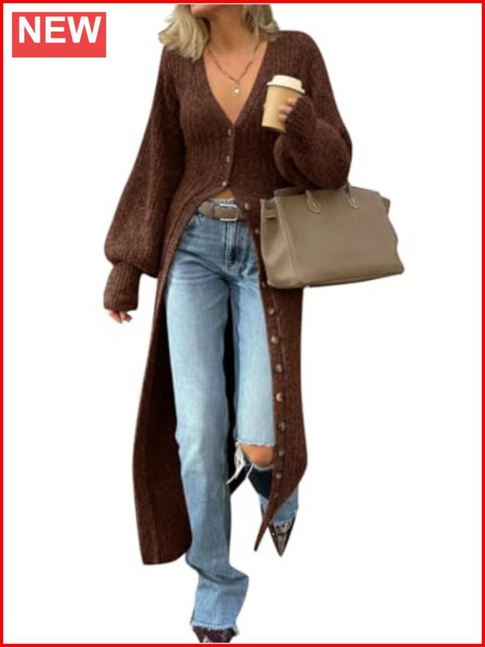 Chunky Knit Long Cardigan Sweater Duster with V-Neck & Button Closure